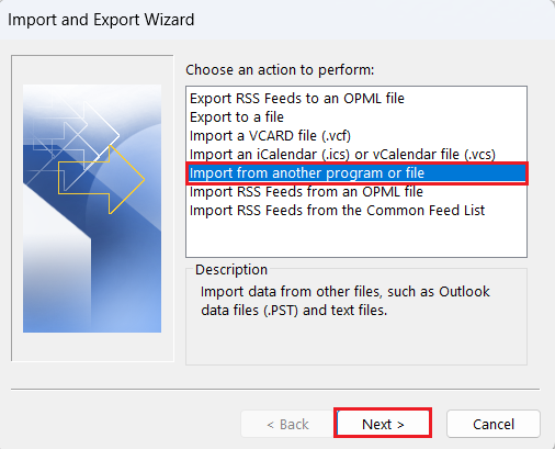 Select Import from another program or file in Outlook Import Wizard'