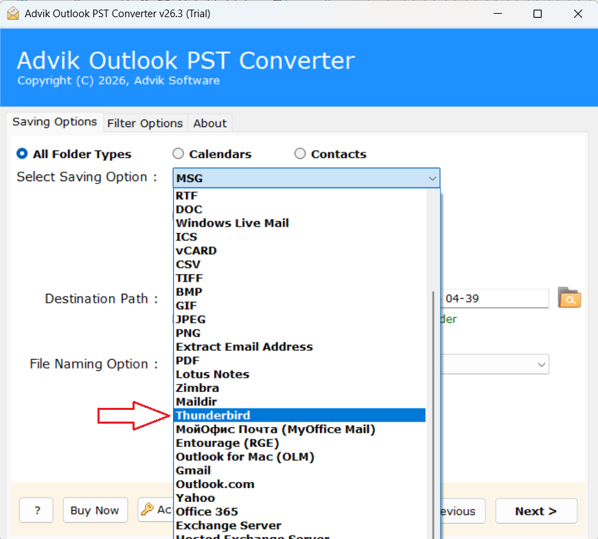 Select Thunderbird as a saving option