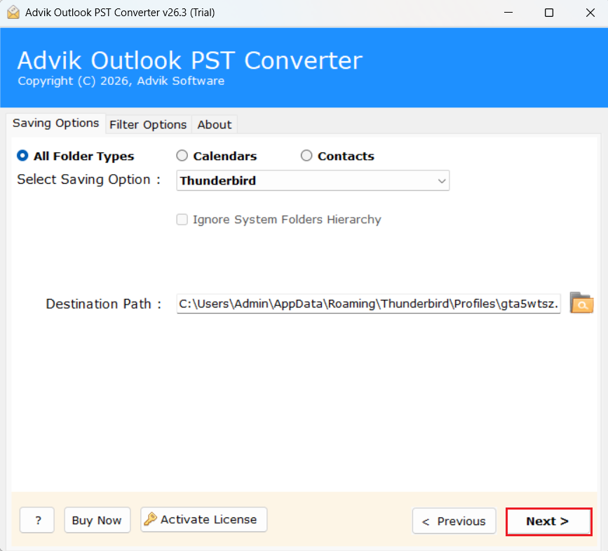 click next to start importing pst file into thunderbird 