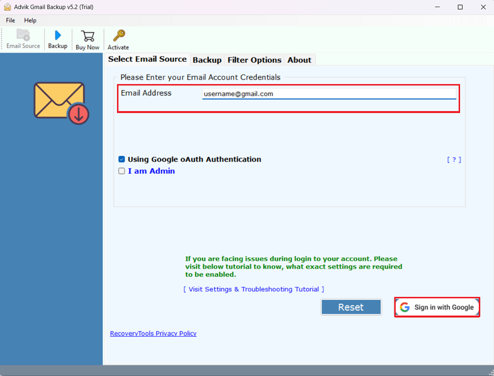 login with account details