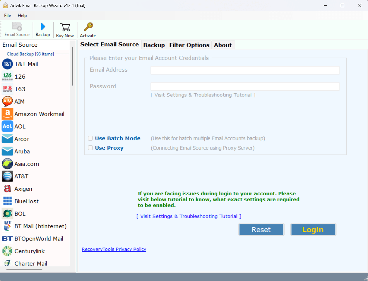 home screen for selecting an email provider