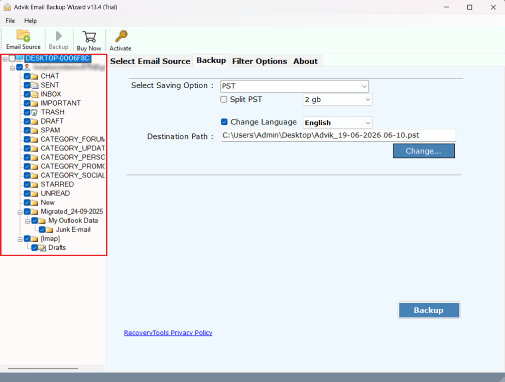 displaying email folders available for backup