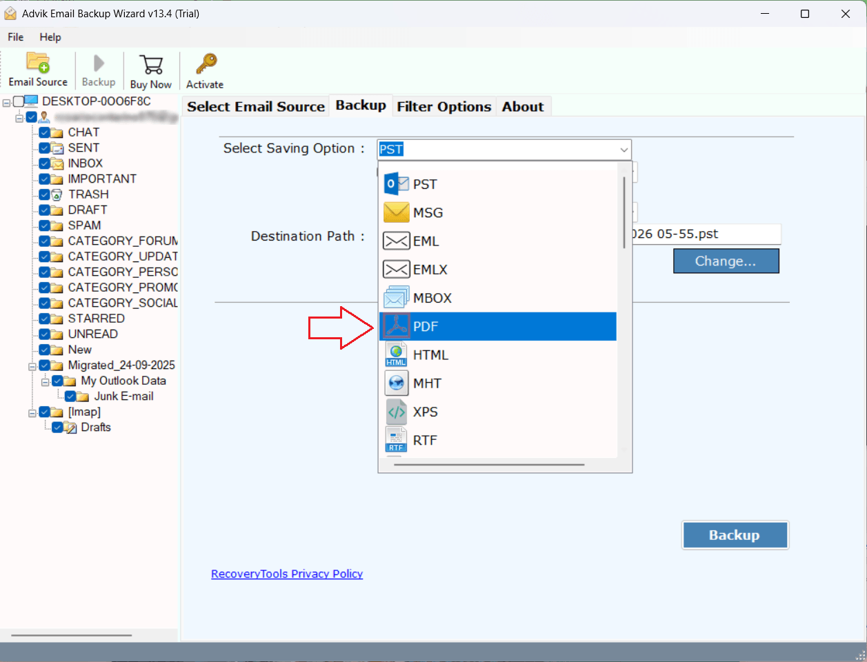 output format selection with PDF option