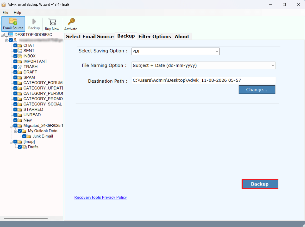 email export settings and PDF backup process