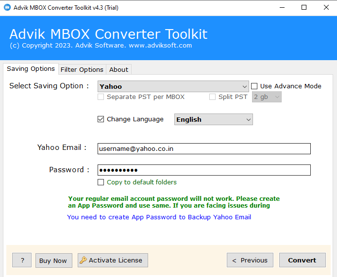 Enter your Yahoo Mail email address and app password