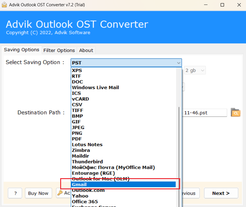 Select Gmail from the available saving options