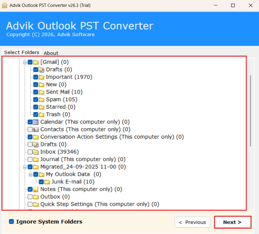 select the mailbox folders