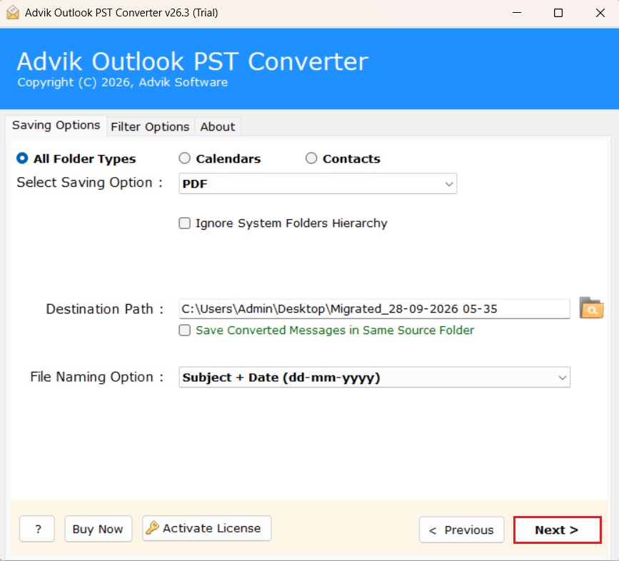 click next to convert outlook email to pdf