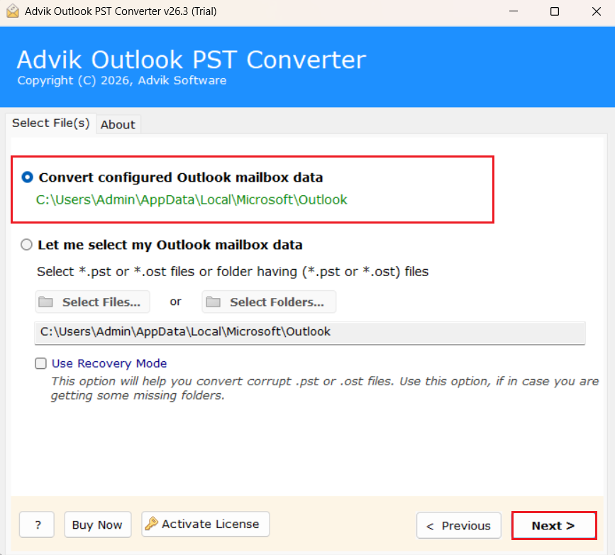 Click on the Convert Configured Outlook mailbox data