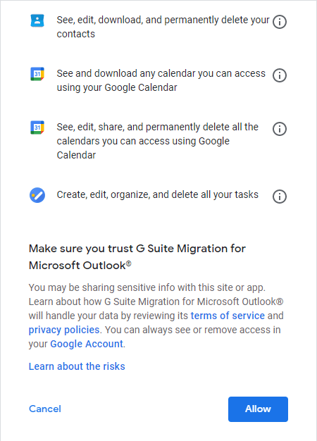 Google OAuth permission screen for GWMMO mailbox access