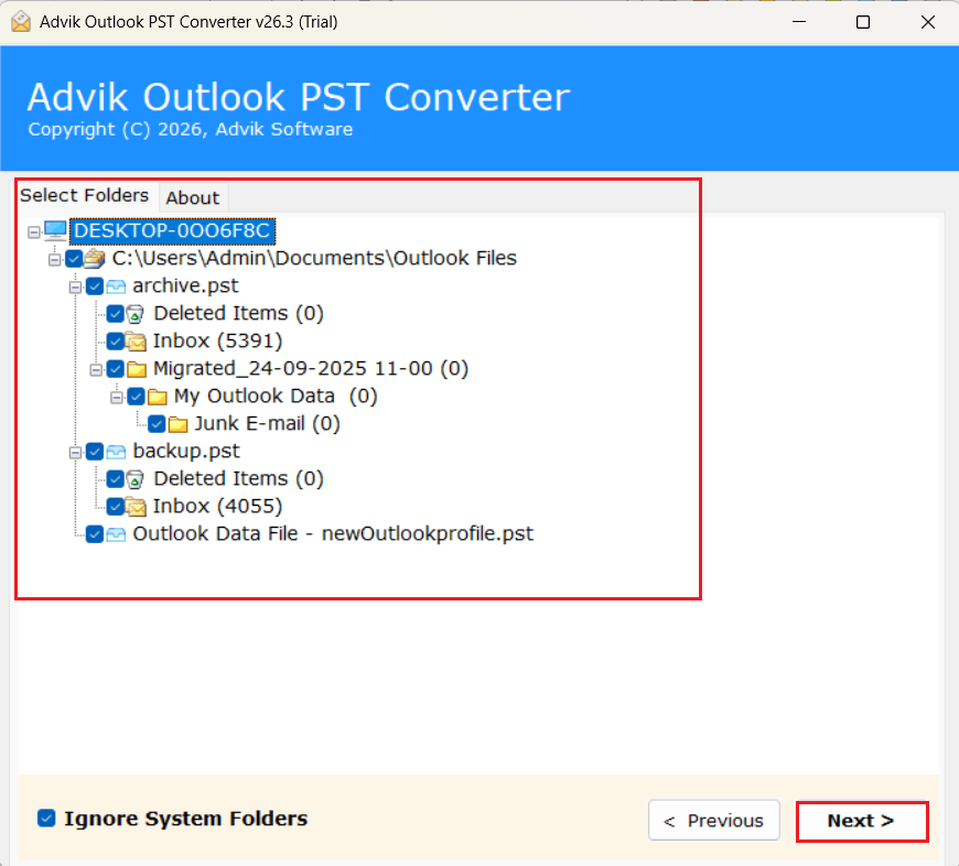 Choose the mailbox folders you need to migrate