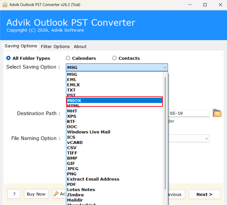 select MBOX as the output format