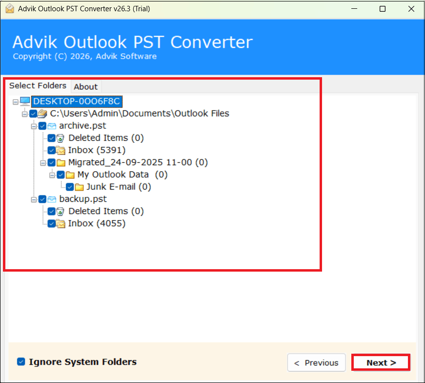 Select PST mailbox folders to migrate