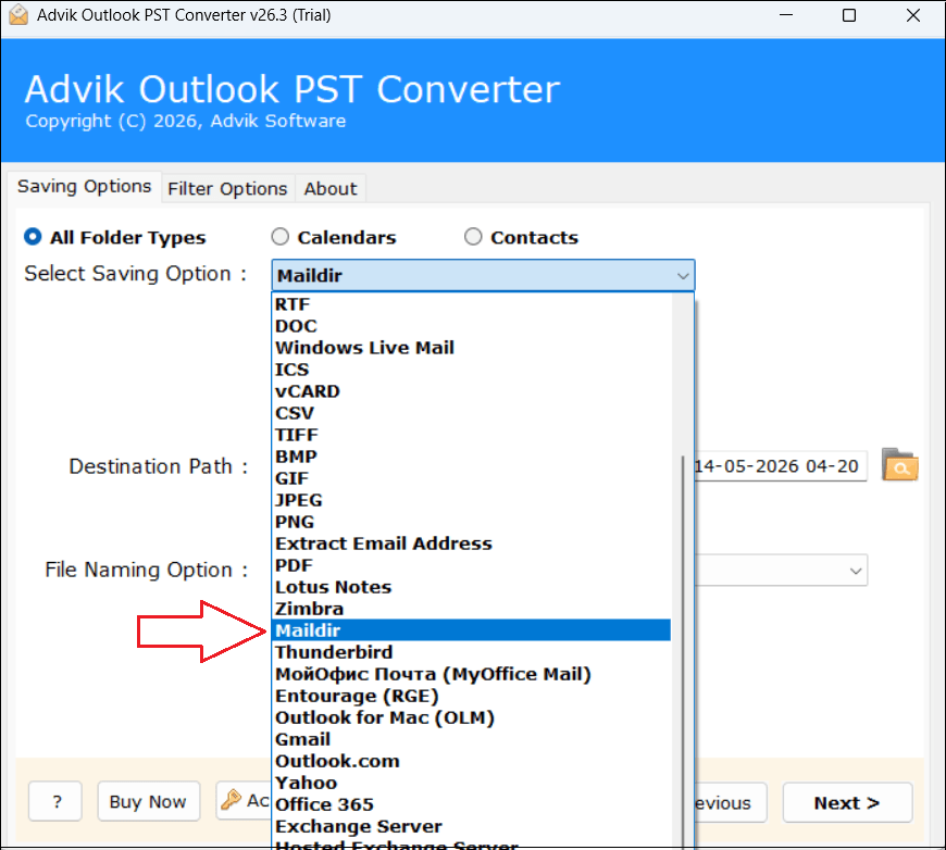 Select Maildir as the output format in the PST converter