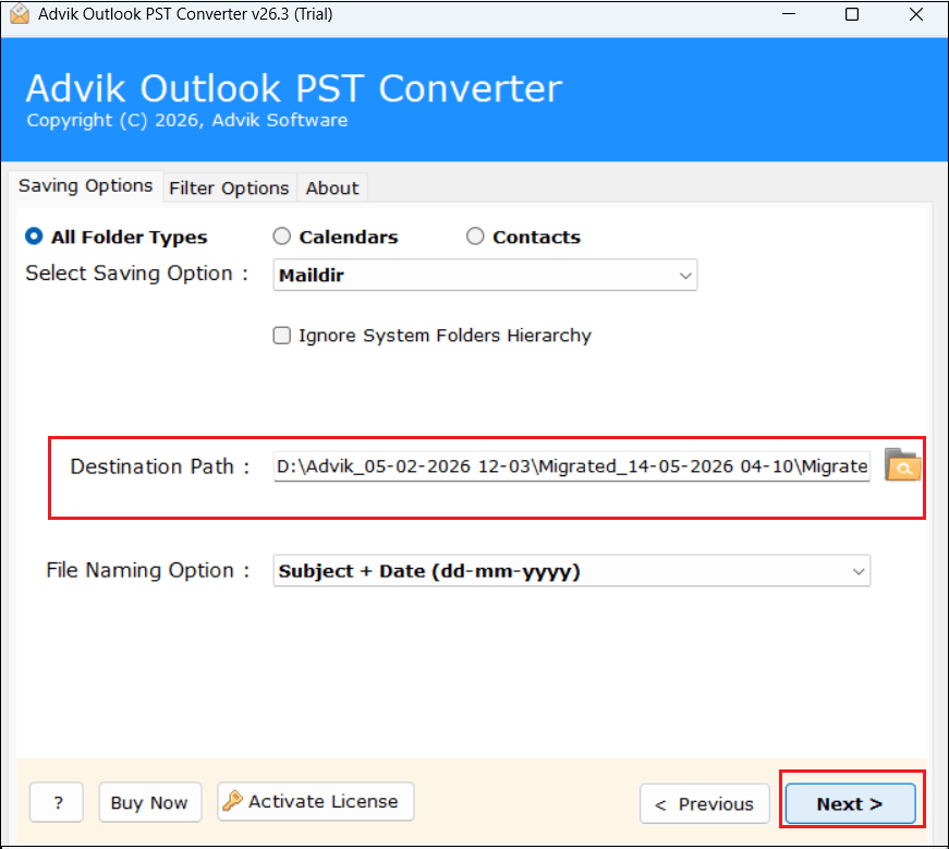 PST to Maildir conversion wizard showing the Next button