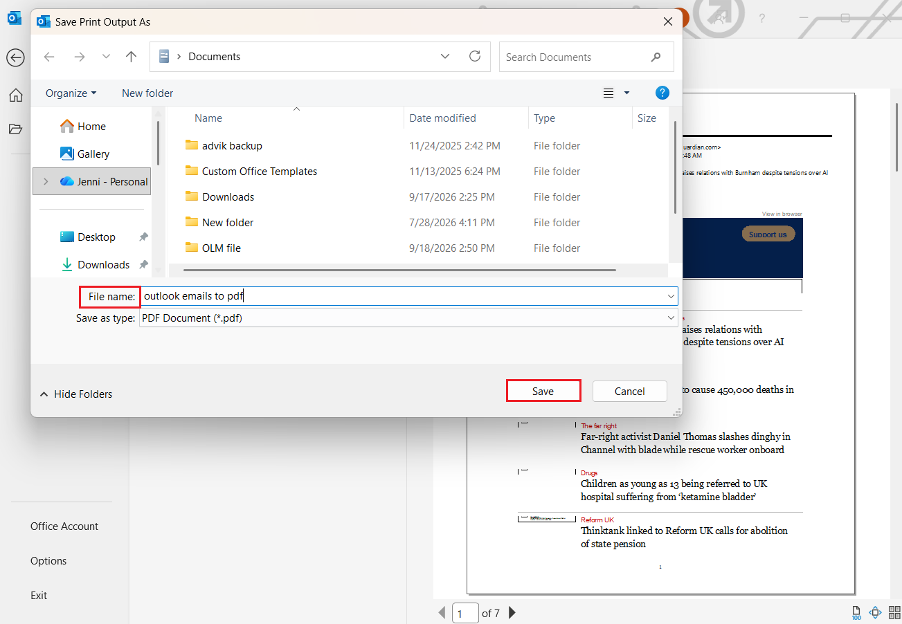 click on save button to save email from outlook to pdf