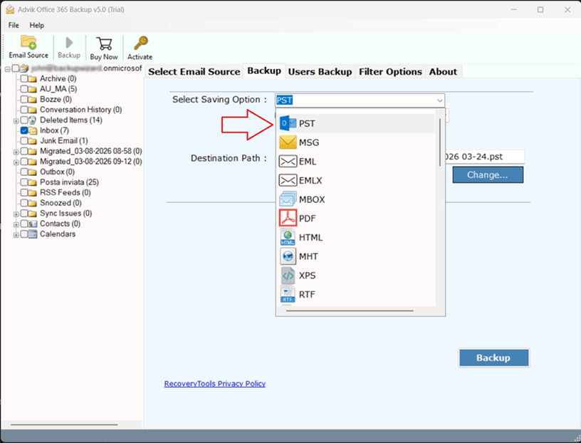 Choose PST from the list of saving options