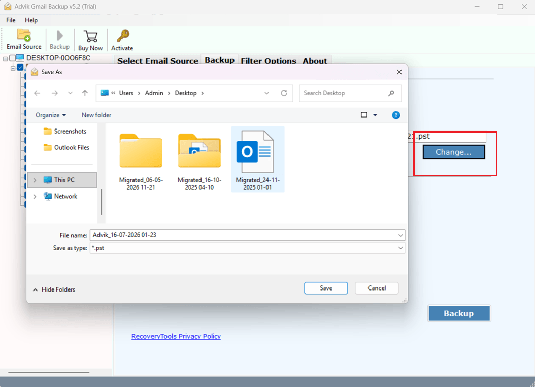select destination path to export gmail to pst