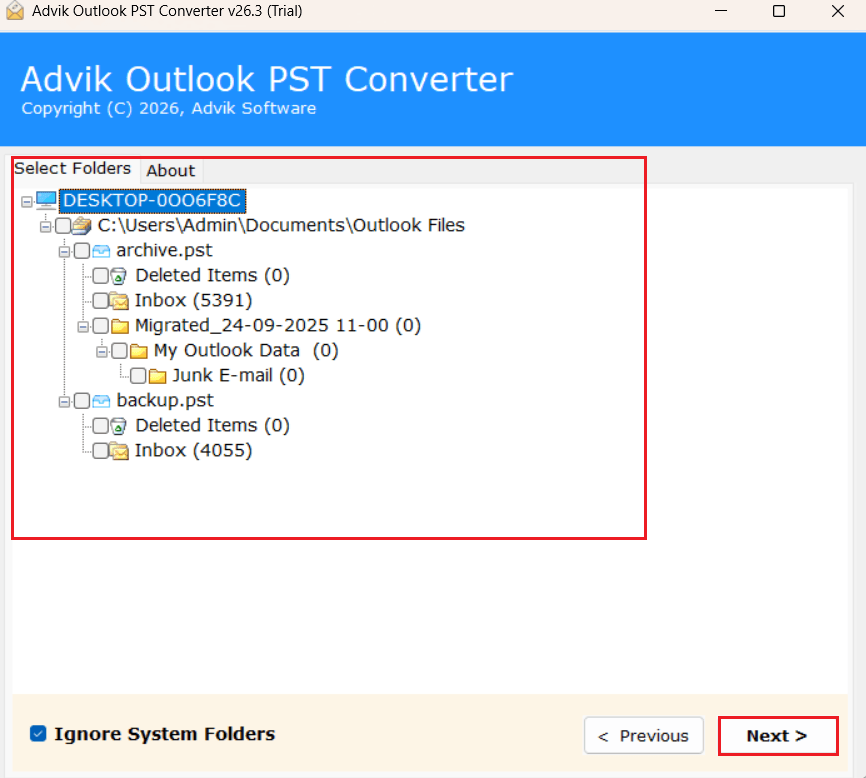 select the required folders