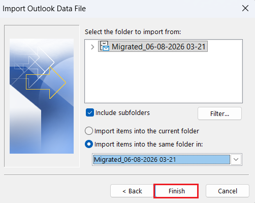 Select PST folders to import into Outlook