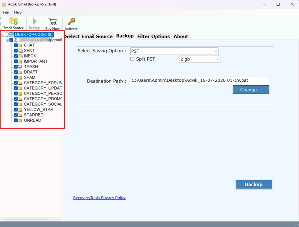 select mailbox folders to export gmail into pst file