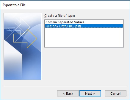 select outlook data file option