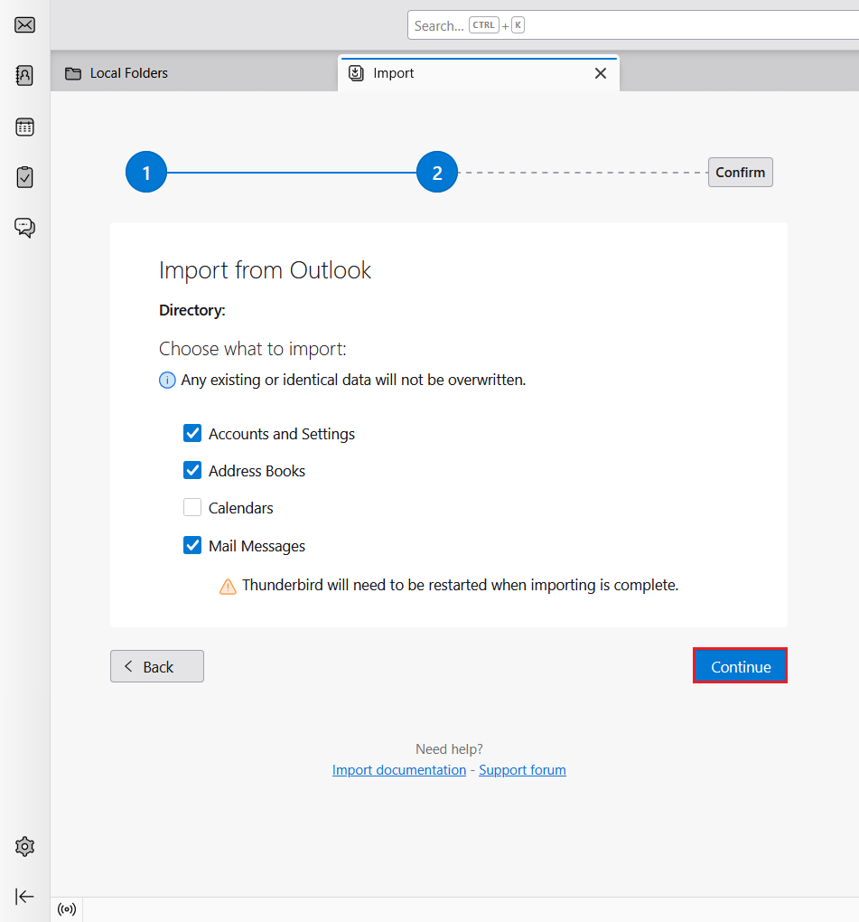 Choose what you want to import i.e. Mail