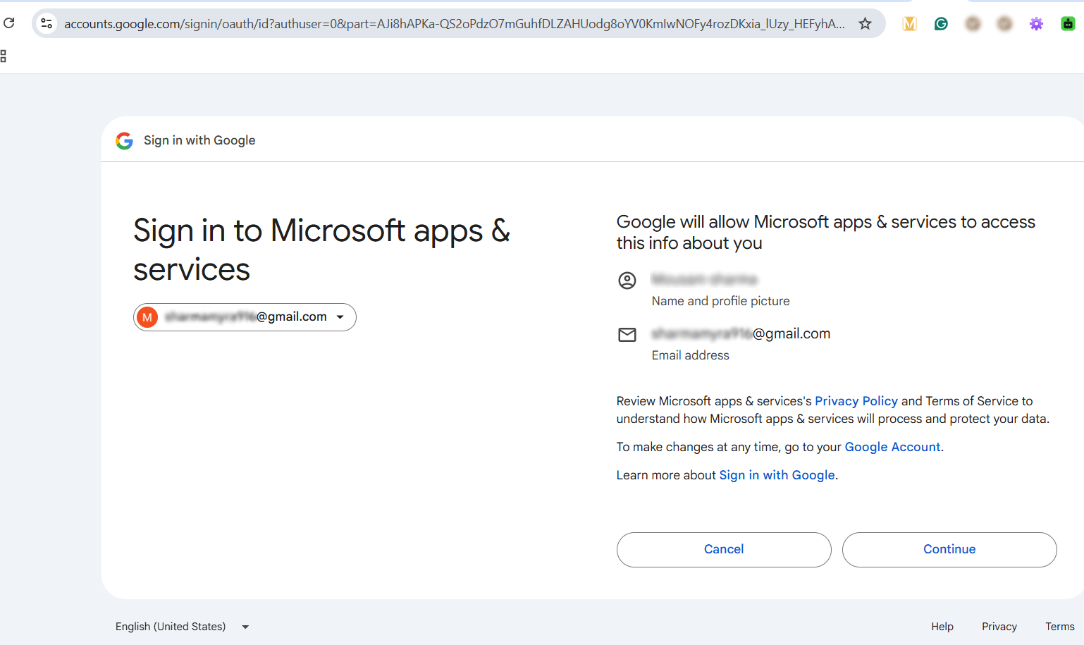 Google OAuth sign-in window while adding Gmail to Outlook