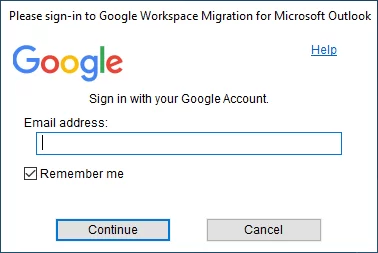 Google Workspace Migration for Microsoft Outlook sign-in window