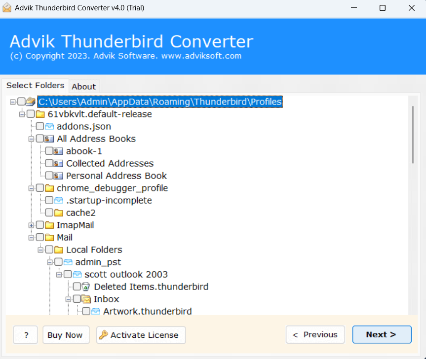 Advik Thunderbird Converter displaying Thunderbird folders selected for conversion