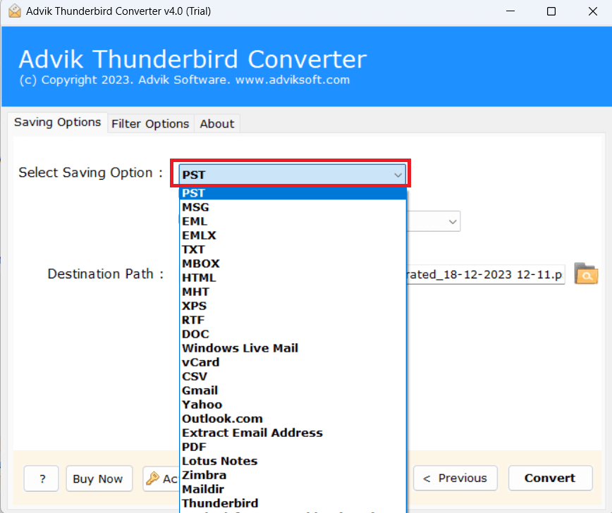 Advik Thunderbird Converter with PST selected as the output format