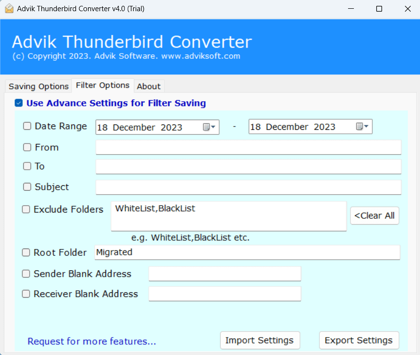 filter options to specify the data