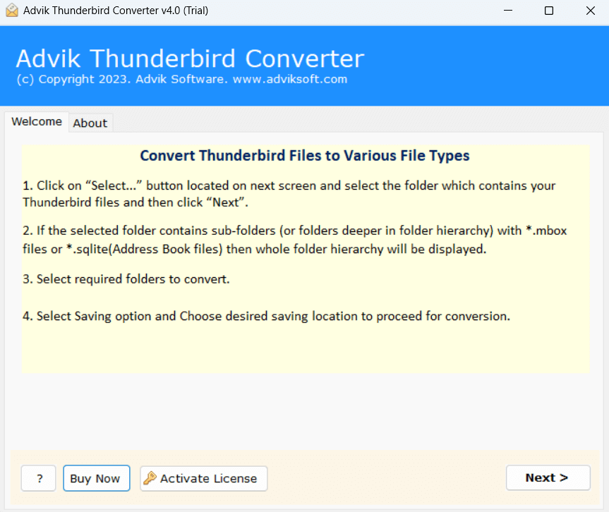 Advik Thunderbird Converter showing the Thunderbird mailbox conversion interface