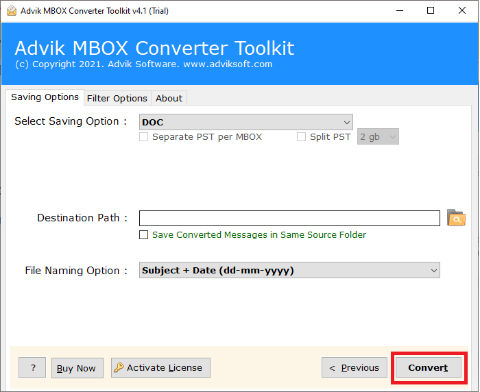 click Convert to export MBOX emails to DOC