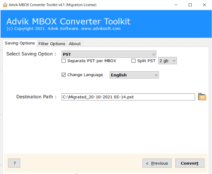 click convert to export mbox to pst