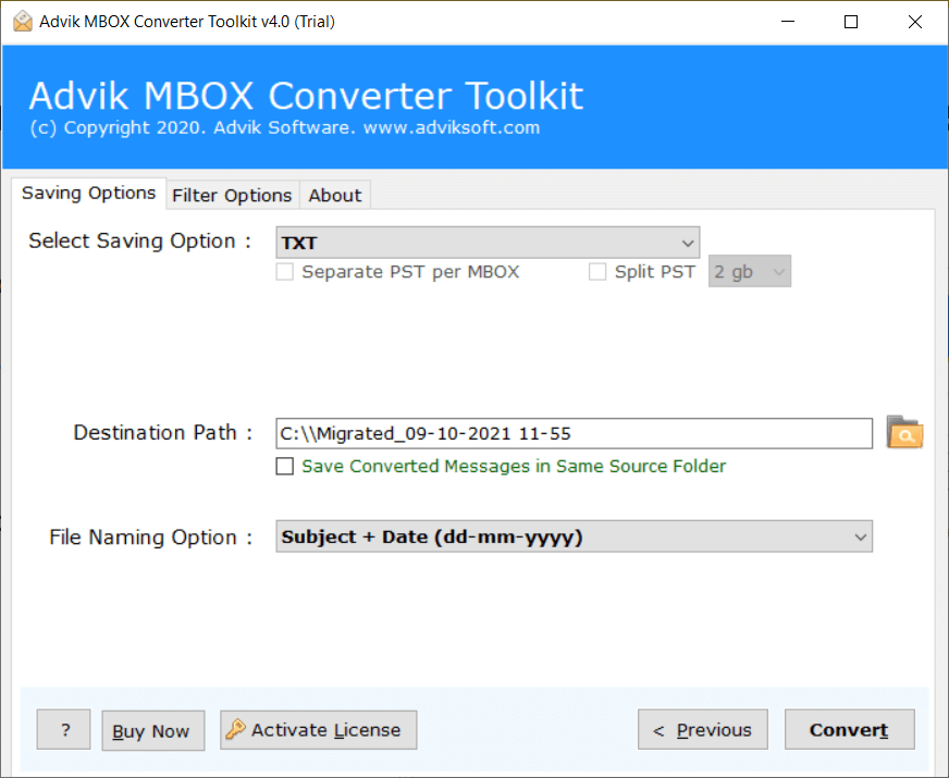 export mbox emails to plain text files