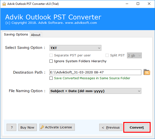 convert pst to txt