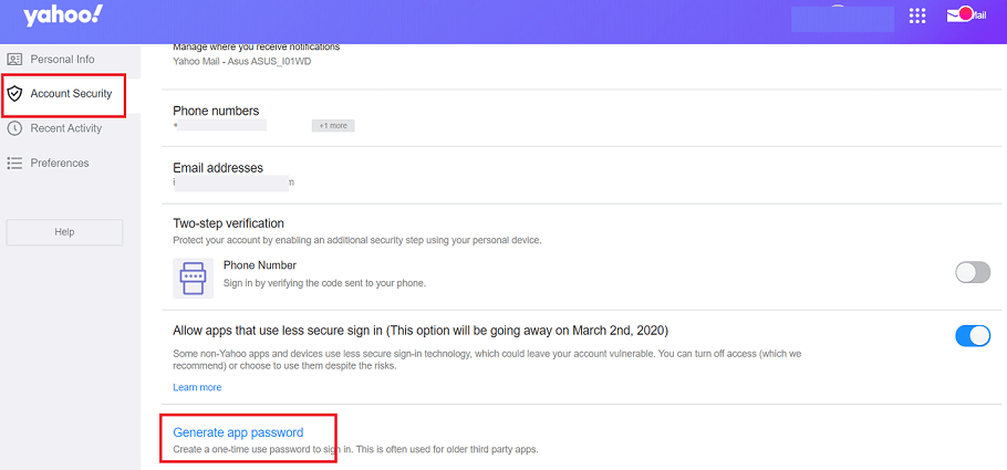 generate app password from yahoo