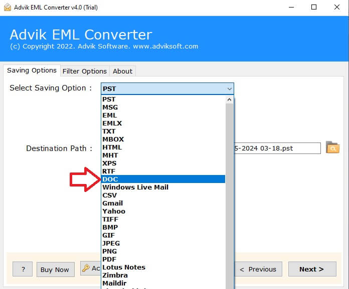 select doc as a saving option
