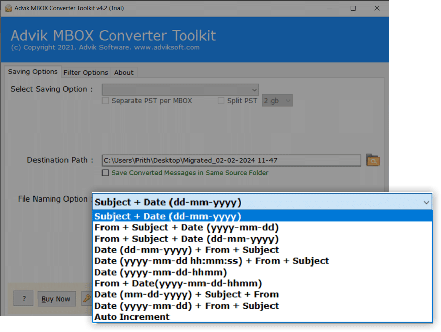 HTML file naming options to save exported file