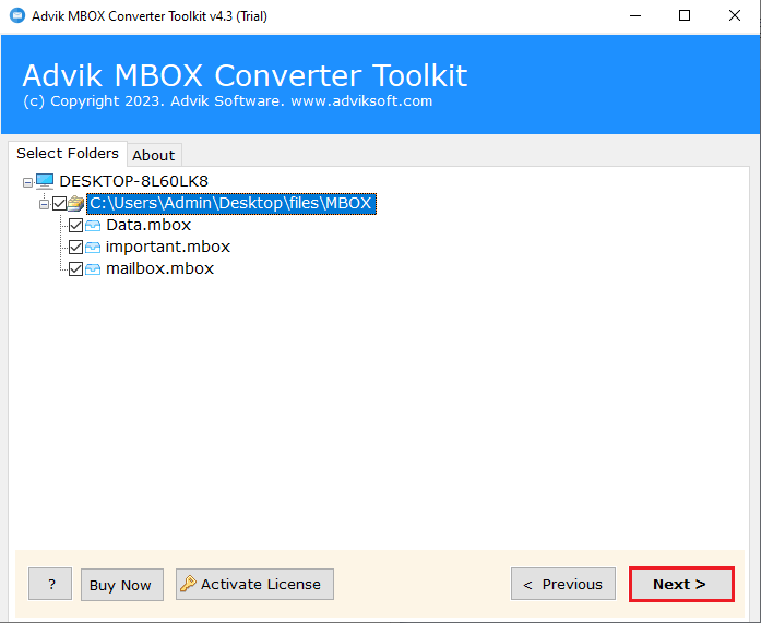 select mbox email folders