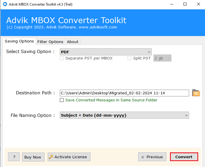 click Convert to export MBOX emails to PDF