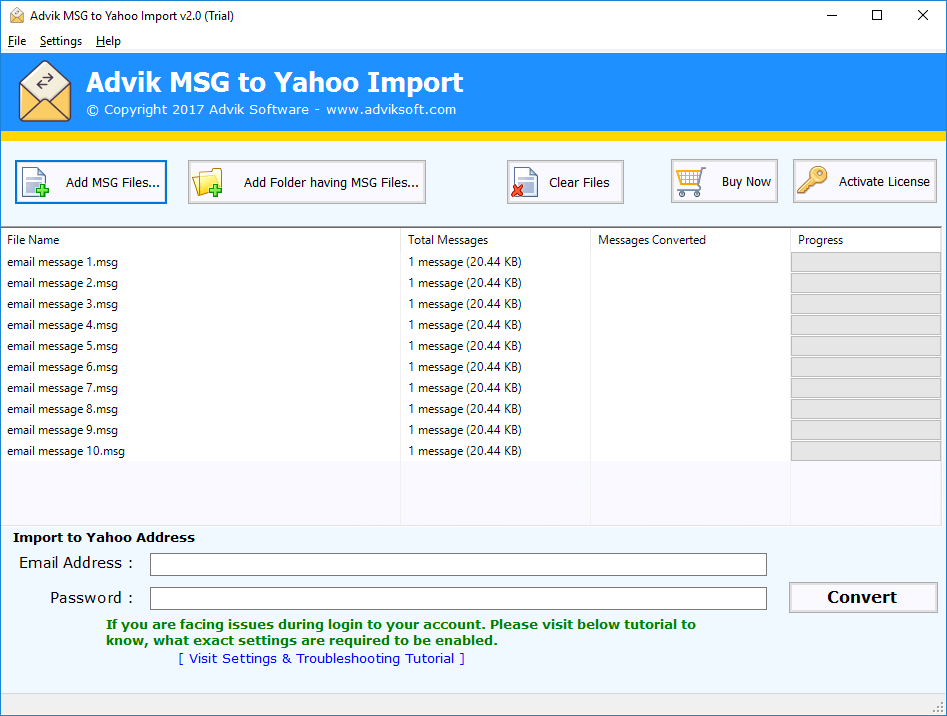 import msg mails to yahoo