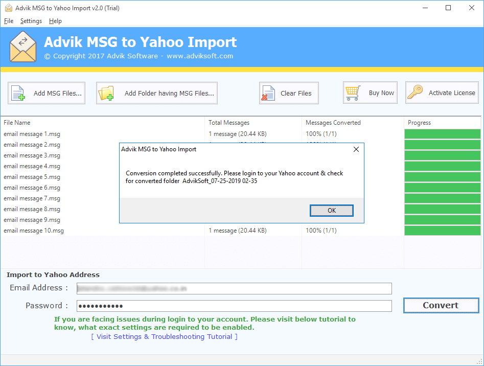 export msg mails to yahoo