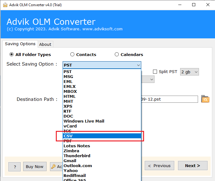 convert olm to excel csv file format