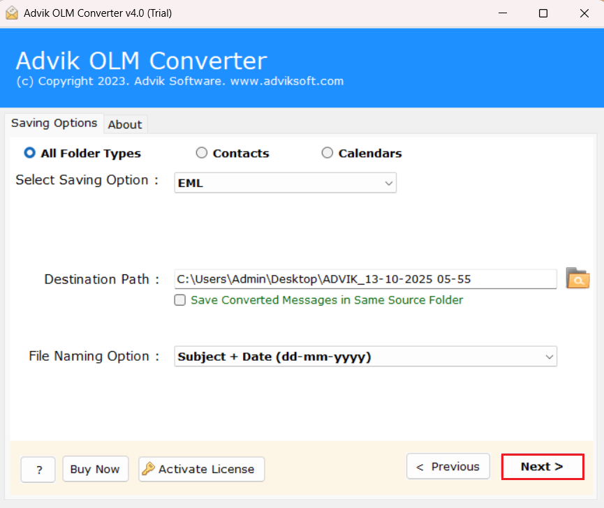 click convert to export olm to eml