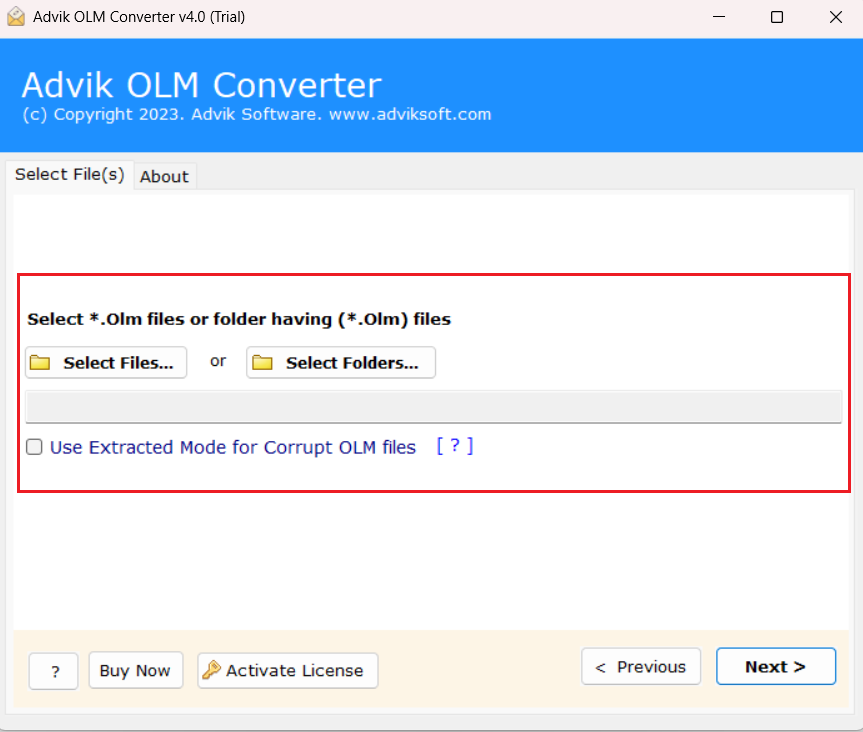 run advik olm to eml converter