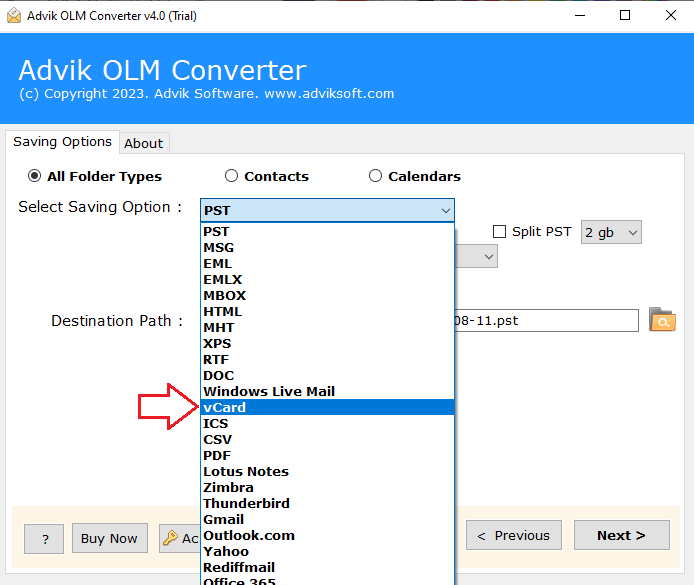 convert olm file to vCard file format