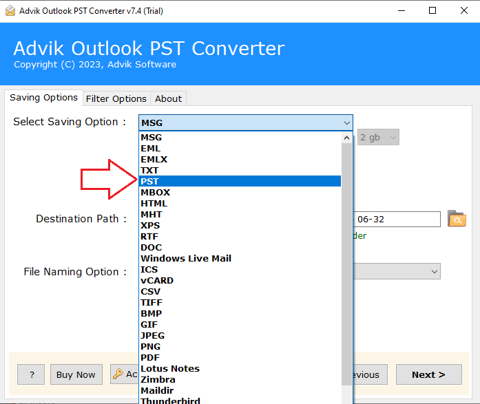 select pst as a saving option