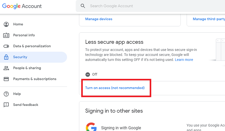 abilitare l'accesso di terze parti in Gmail